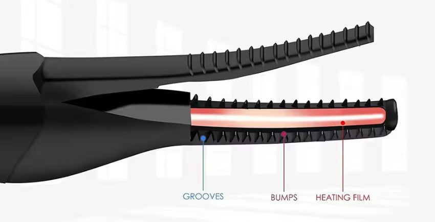 Close-up of the CurlMuse pen head: grooved comb teeth around the heating strip