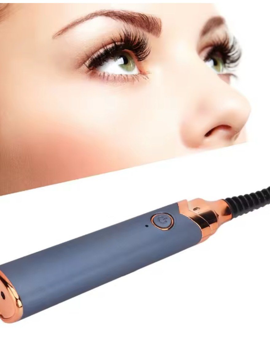 Woman with lifted lashes next to the CurlMuse heated lash wand