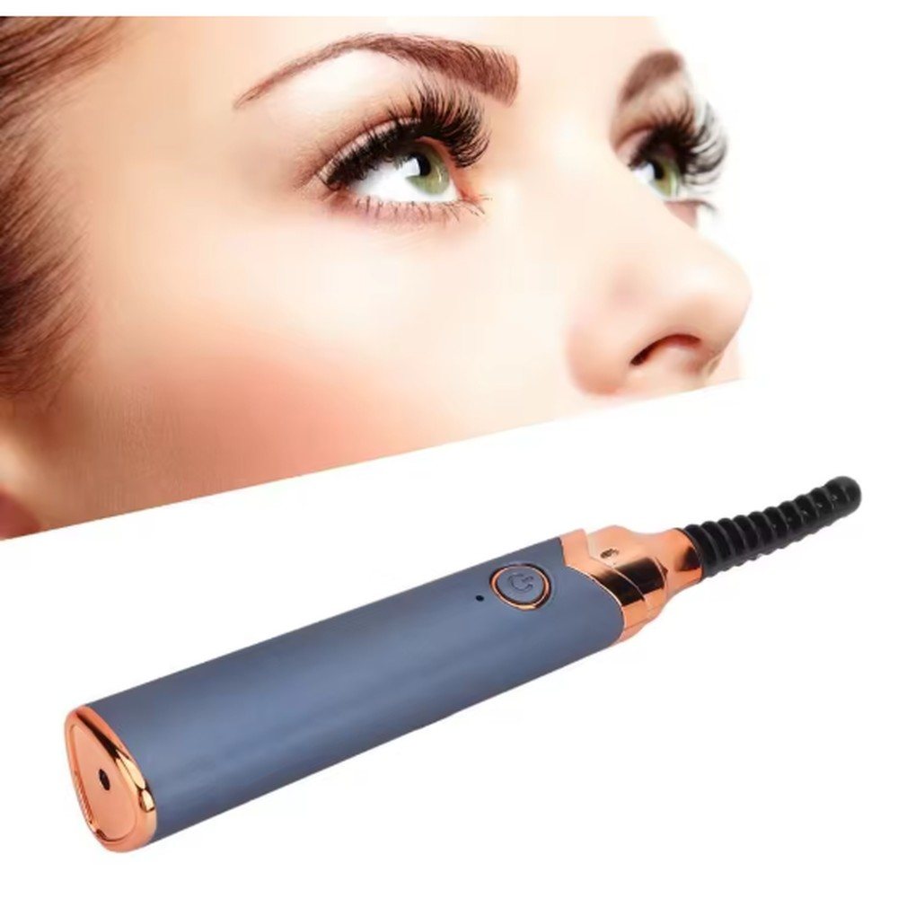 Woman with lifted lashes next to the CurlMuse heated lash wand